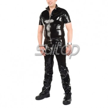 Suitop hot selling man's rubber latex uniform including top and jeans in black color