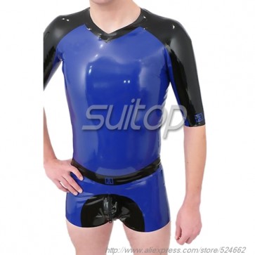 Suitop pure handmade men's rubber latex short sleeve tight t-shirt in blue and black trim color