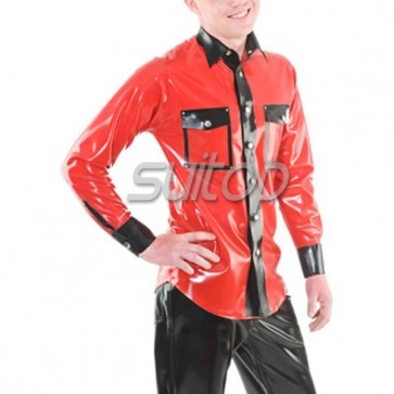Man's 100% natural rubber latex long sleeve shirt with buttons in red color