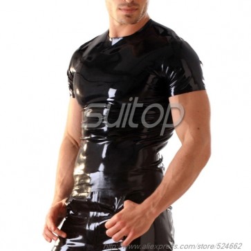 Suitop super quality men's rubber latex tight short sleeve round neck t-shirt in black color
