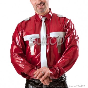 Men police Red latex costumes uniforms military shirt customised