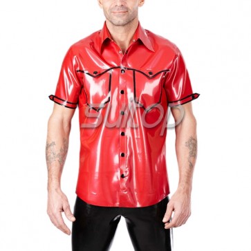 100% natural rubber latex short sleeve shirt with front buttons in red color for man