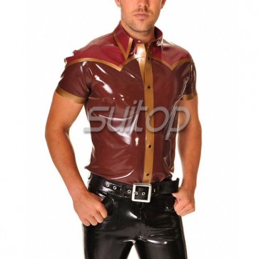 Man's pure handmade rubber latex tigh short sleeve shirt with front zip in wine color