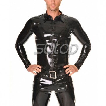 Suitop high quality men's rubber latex tight jacket with front zipper in black color