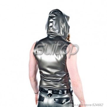 Suitop men's rubber latex sleeveless sweater with cap in metallic gray color