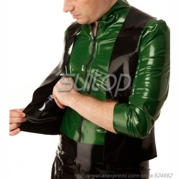Suitop new item men's rubber latex whole set including green tight tops and black waistcoat