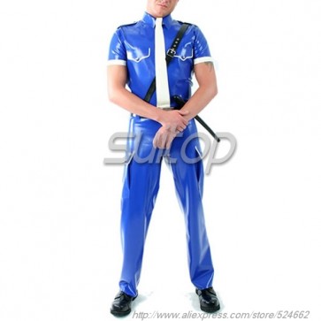 Men police blue latex uniforms costumes military set not including belt customised including top and pants
