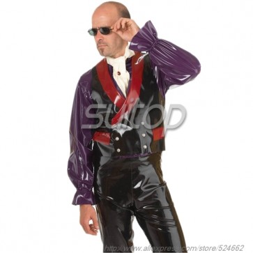 Suitop new item men's rubber latex double breasted waistcoat with red collar main in black color