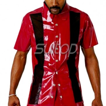 Man's pure handmade 100% rubber latex short shirt with front buttons in red color