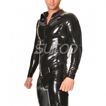 Suitop sexy men's rubber latex long sleeve tight t-shirt with front zip in black color