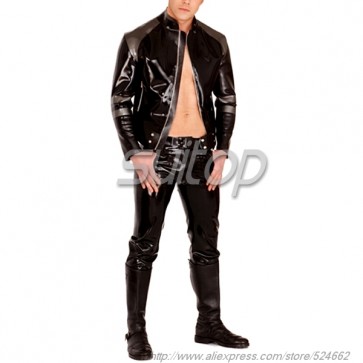 Suitop high quality men's rubber latex coat with front zip main in black color