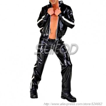 Suitop men's rubber latex blazer with front zip main in black color