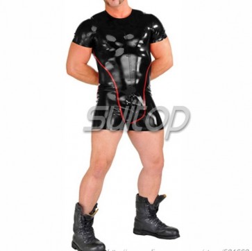 Men's latex jumpsuit rubber leotards with back zip in main black and red trim