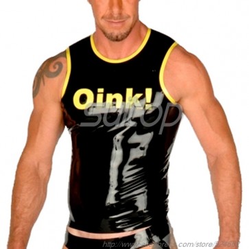 Suitop casual men's rubber latex tight vest with round neck in black with yellow trim color
