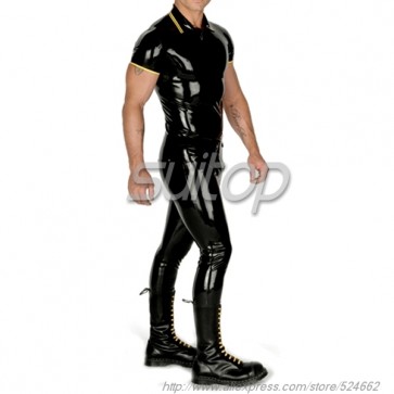 Suitop casual men's rubber latex short sleeve tight polo t-shirt in black color