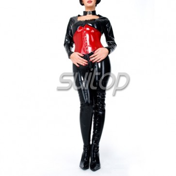 Suitop black latex catsuit with red corset