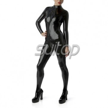 Suitop black catsuit latex corset style rubber catsuit with feet with integrated corset