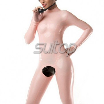 Suitop latex catsuit Tights in pink back zip wtih feet open crotch