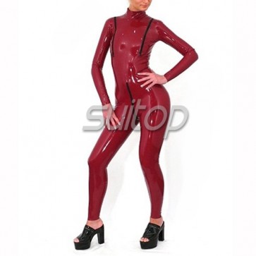 SUITOP nature latex catsuit with back zip to lower abdomens with breast zips  in rose red