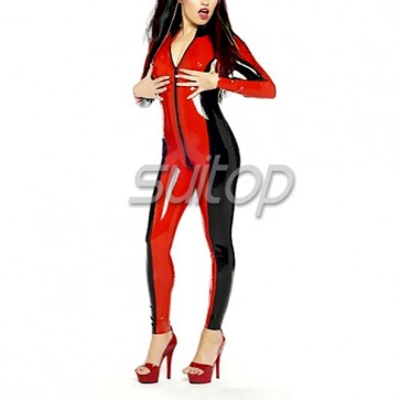 SUITOP latex catsuit with front zip to waist back in red and black trim in 0.4mm thickness