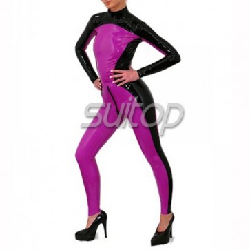 SUITOP latex catsuit with front zip to waist back in purple and black trim in 0.4mm thickness