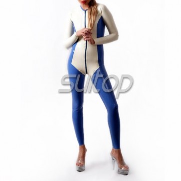 Female 's latex catsuit with back zip in white and blue trim