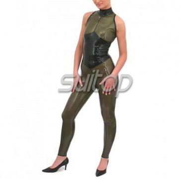 Female 's latex catsuit in trasparent army green and black trim 