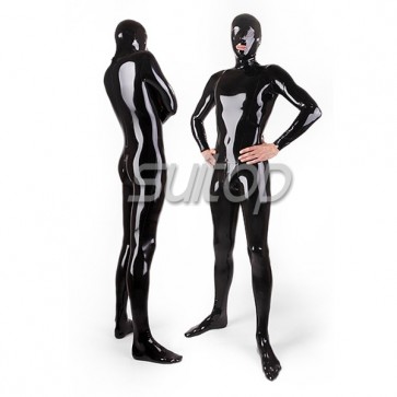 Men's latex full cover catsuit rubber zentai wtih back zip to navel with gloves