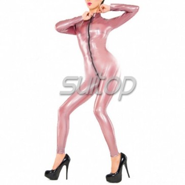 Suitop latex pink catsuit with front zip to ass