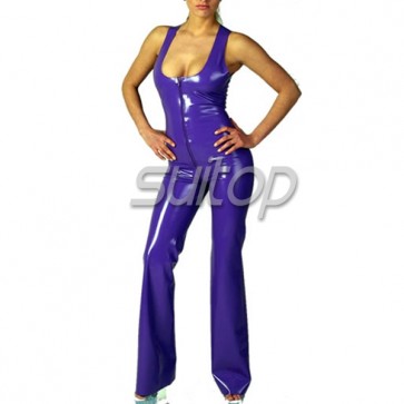 Sexy women's latex catsuit rubber tedding in purple sleeveness with front zip