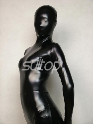 Hot selling rubber latex full cover fetish catsuit(open nose only)attached back zip to lower abdomen(3 zippers 2 ways open) in black color for women