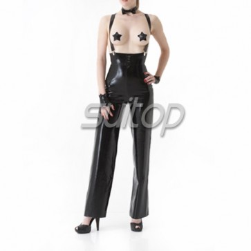 Pure handmade latex pants rubber trouser with straps in black color