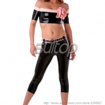 Latex trousers rubber leggings with belt  for women in black color