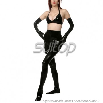 Suitop sexy women's rubber latex whole set including bra,leggings and long finger gloves in black color