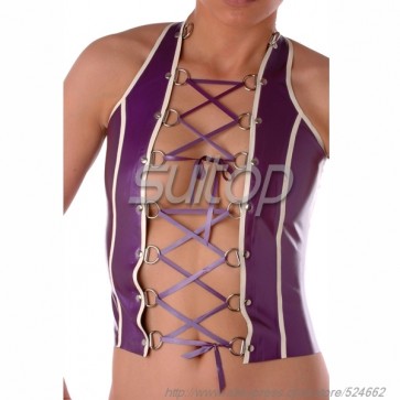 Suitop fashional women's rubber latex vest with front lace up main in purple with black trim color