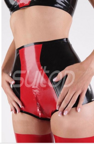 Suitop sexy rubber latex women's female's shorts with crotch zipper main in red and black trim color