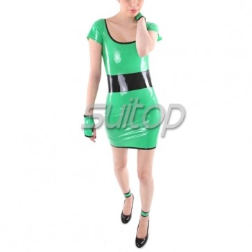 Sexry casual rubber latex tight dress includes gloves in green color for lady