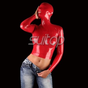 Hot selling rubber latex fetish top with hoods attached(open mouth and nose)with back zip in red color for women