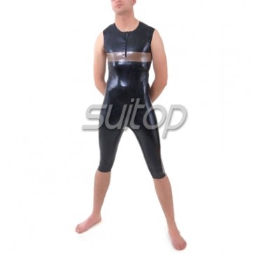 Suitop hot selling men's rubber latex sleeveless catsuit in black color