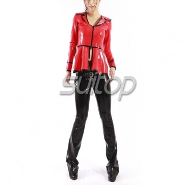 Suitop casual women's female's rubber latex blouse tops main in red and black trim color