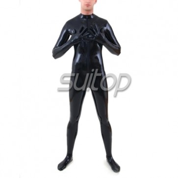 Suitop men's rubber latex classical catsuit with gloves and socks in black color