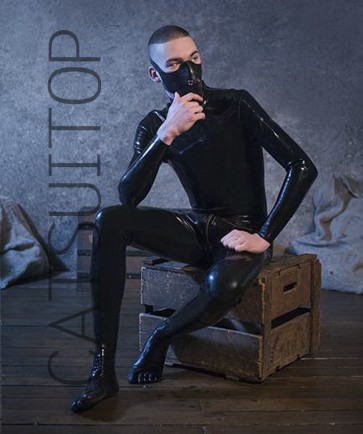 CATSUITOP men's rubber latex classical catsuit with toe socks attached back zipper to lower abdomen in black color 