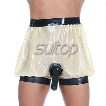 Men's latex riding breeches rubber Lantern shorts with penis condom for adult exotic in clear and black trim