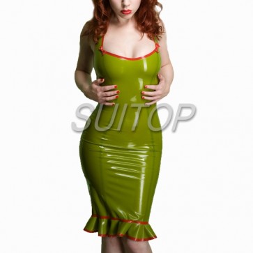 Sexy rubber latex tight dress with straps in dark green color for lady