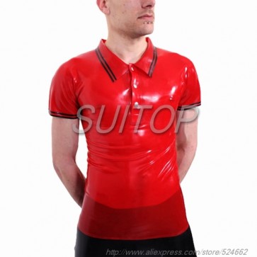 Suitop fashion men's rubber latex short sleeve tight polo t-shirt in transparent red color