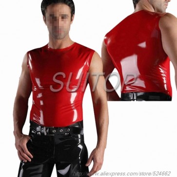 Suitop sexy men's rubber latex tight vest with round neck in red color