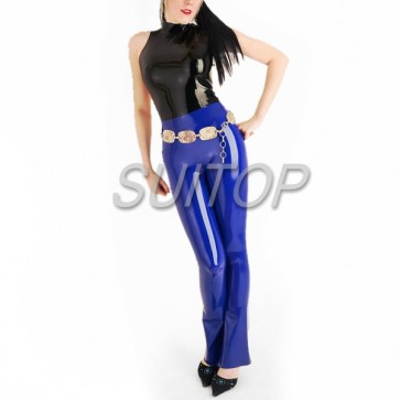 Suitop rubber latex uniform including black tops(with back zip) and blue legging for women