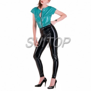 Suitop casual rubber latex sky blue t-shirt with front zip and black legging for women