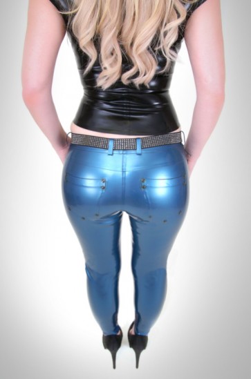 High quality latex pants rubber leggings for women in metallic blue color