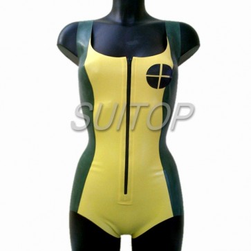 Suitop sexy women's rubber latex body leotard with zipper main in yellow color